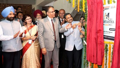 Justice Deepak Gupta, Justice Vikram Aggarwal and MP Rajya Sabha & Chandigarh University Chancellor Satnam Singh Sandhu inaugurating ‘Madhyastha- Centre of Excellence’ at Chandigarh University.