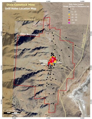 Figure 1: Dixie Comstock gold project claim boundary and drill hole location map showing grade x thickness (CNW Group/Getchell Gold Corp.)