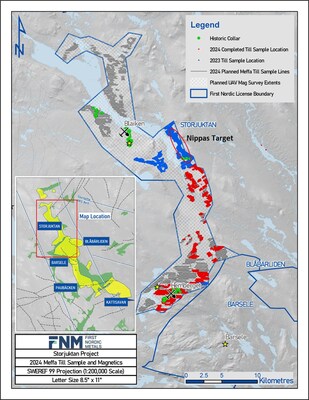 Figure 1: Storjuktan surface till sampling and UAV magnetic geophysics survey plan map (as at September 9, 2024) (CNW Group/First Nordic Metals Corp.)