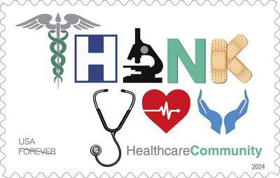 The stamp artwork consists of health-related icons spelling out the words “thank you” against a white background. Running across the lower right edge of the stamp are the words “Healthcare” in gray and “Community” in surgical green.