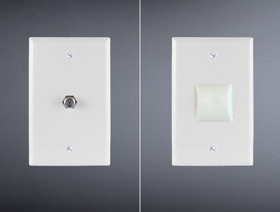 A standard coaxial outlet stud (pictured left), with the same outlet babyproofed by the OutletGuard Coaxial Outlet Cover (pictured right). This simple, twist-on product is currently available in the OutletGuard Variety Pack at MyOutletGuard.com