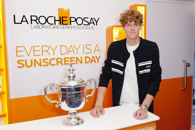 NEW YORK, NEW YORK - SEPTEMBER 08: Jannik Sinner celebrates his 1st U.S. Open with La Roche-Posay at USTA Billie Jean King National Tennis Center on September 08, 2024 in New York City. (Photo by Craig Barritt/Getty Images for La Roche-Posay)