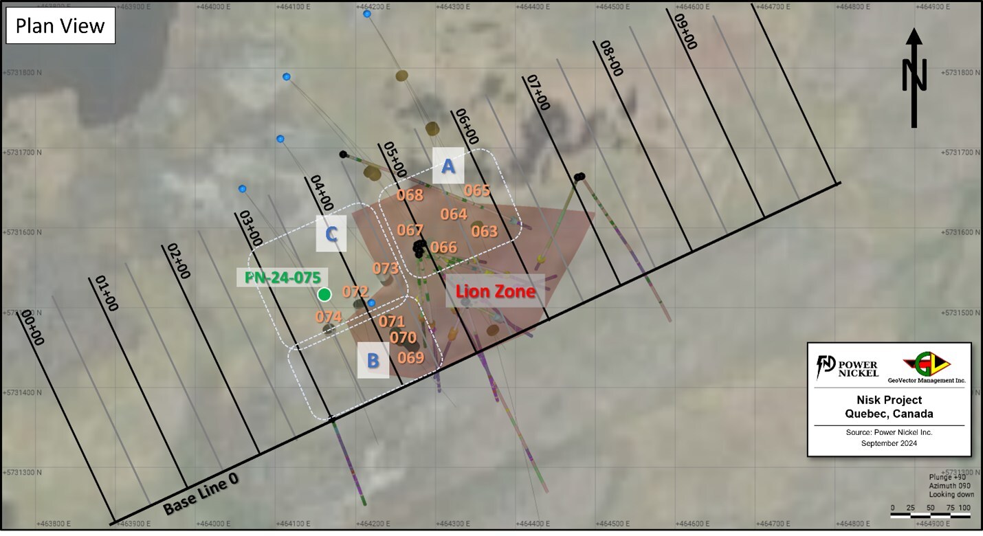 Figure 2: Surface plan view of the Lion Discovery zone; highlighting the location of holes PN-24-063 to PN-24-075. The figure highlights the currently projected size the of the zone.