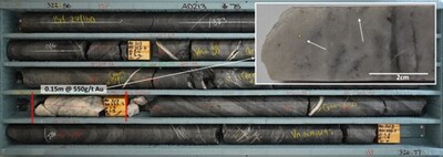 Figure 9. Discovery intersection of the Cuffley Deeps South Eastern Vein in drillhole AD213. Abundant visible gold (inset) and textures similar to that seen in the Shepherd veins (CNW Group/Mandalay Resources Corporation)