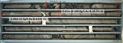 Figure 8. AD203 intercept of Cuffley Deeps South grading 58.4 g/t gold and 17.6% antimony over 0.77 m (ETW 0.55m)