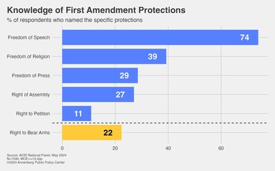 Percentage of U.S. adult respondents who could name the five First Amendment rights. The right to bear arms is not in the First Amendment but instead is in the Second Amendment. Source: Annenberg Public Policy Center's AIOD national survey panel, May 2024.