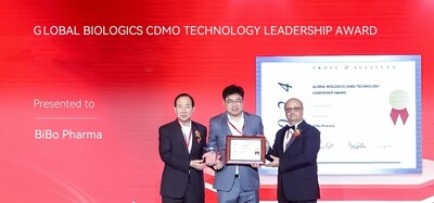 Peng Jiao, founder, president & CEO of BiBo Pharma & Boston Institute of Biotechnology, LLC accepts Frost & Sullivan's 2024 Global Biologics CDMO Technology Leadership Award