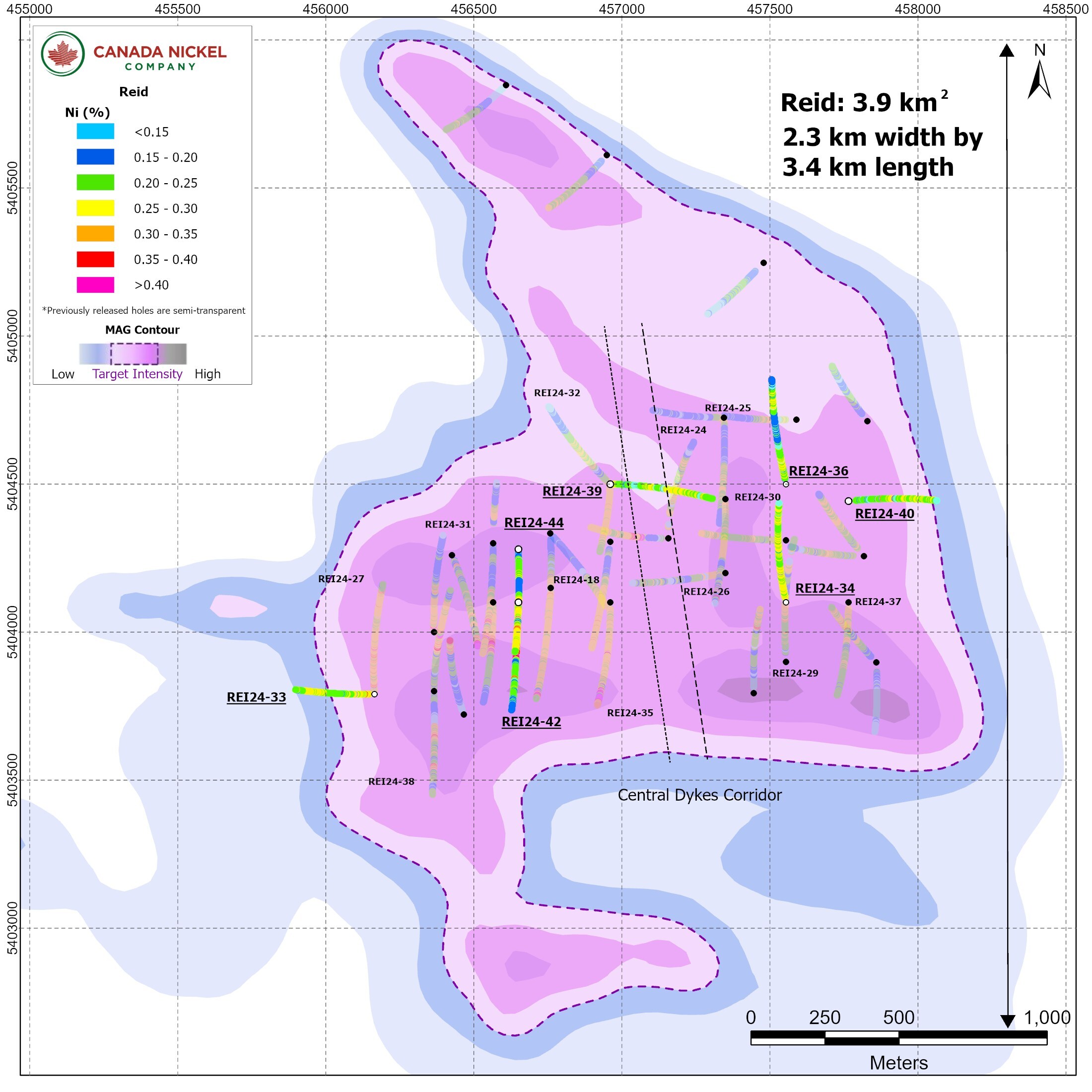 Figure 1 – Reid – CNC Drillholes Over Total Magnetic Intensity. (CNW Group/Canada Nickel Company Inc.)