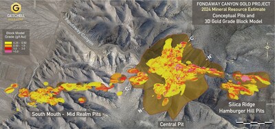 Figure 1:  Fondaway Canyon Project MRE showing conceptual open pits and gold grade block model (CNW Group/Getchell Gold Corp.)