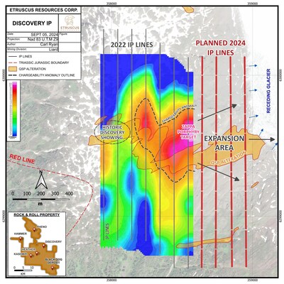 Map of Discovery Showing and Chargeability Anomaly with planned IP lines (CNW Group/Etruscus Resources Corp.) Map of Discovery Showing and Chargeability Anomaly with planned IP lines (CNW Group/Etruscus Resources Corp.)