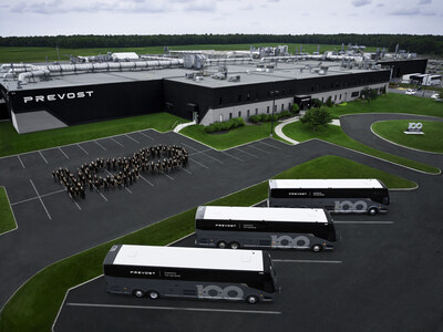 The employees of Prevost celebrate the company's 100th anniversary in Sainte-Claire. (CNW Group/Prevost)