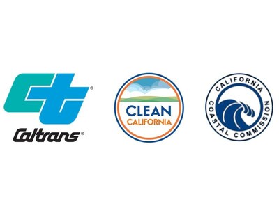 Logos for Caltrans, Clean California, and California Coastal Commission