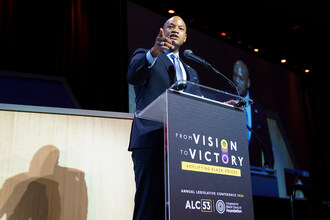 WASHINGTON, DC - SEPTEMBER 12: Wes Moore, governor of Maryland speaks onstage during the Congressional Black Caucus Foundation's 53rd Annual Legislative Conference National Town Hall at Walter E. Washington Convention Center on September 12, 2024 in Washington, DC.  (Photo by Leigh Vogel/Getty Images for Congressional Black Caucus Foundation)