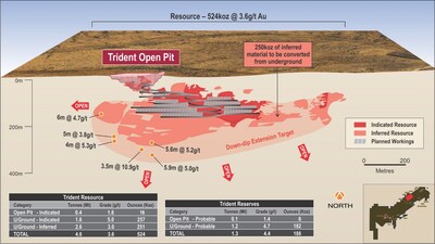 Figure 7: Trident long section showing inferred material targeted for resource conversion and mine life extension (CNW Group/Catalyst Metals LTD.)