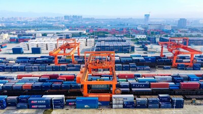 A bird's eye view of the China Europe Express Railway in Qingbaijiang district in Chengdu, Sichuan province.