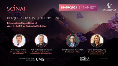 oin Scinai Immunotherapeutics Executives for a live Online Expert Panel, covering the unmet needs in treating mild to moderate plaque psoriasis and exploring intralesional injections of Scinai’s novel anti-IL-17A/F VHH antibody as a promising solution