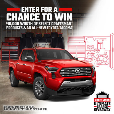 Unlock your garage's full potential. Enter the Ultimate Garage Giveaway for a chance to win $10,000 (MSRP) worth of select CRAFTSMAN® products and a new Toyota Tacoma TRD Off-Road truck. No purchase necessary to enter or win.