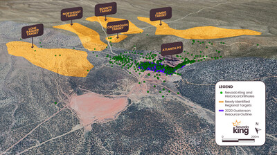 Figure 1. Aerial view looking northeast at the Atlanta Pit with the five newly identified regional targets to the north and east. Green dots indicate Nevada King and historical drilling to date. (CNW Group/Nevada King Gold Corp.)