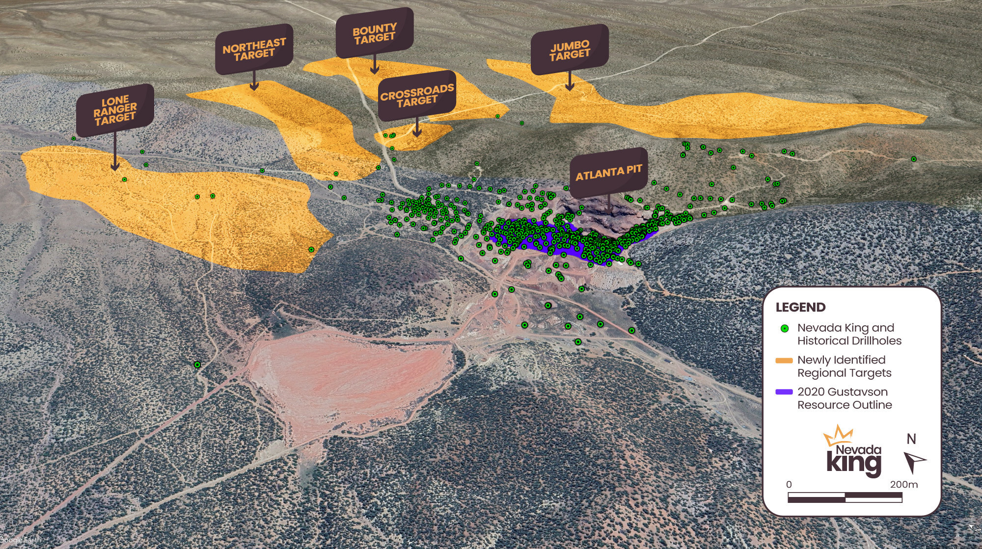 Figure 1. Aerial view looking northeast at the Atlanta Pit with the five newly identified regional targets to the north and east. Green dots indicate Nevada King and historical drilling to date. (CNW Group/Nevada King Gold Corp.) Figure 1. Aerial view looking northeast at the Atlanta Pit with the five newly identified regional targets to the north and east. Green dots indicate Nevada King and historical drilling to date. (CNW Group/Nevada King Gold Corp.)