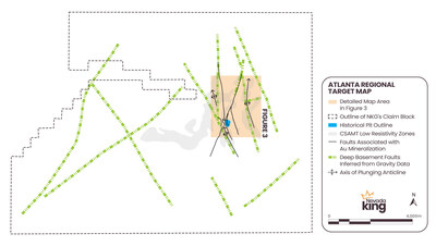 Figure 2. Area of regional targets discussed today in relation to the Atlanta property outline and major basement faults inferred from gravity geophysics. Today’s release only covers the northeastern part of the property, while the CSAMT low resistivity zones occur over a much larger area. Resistivity data for the western half of the property is still being compiled and will be released at a later date. (CNW Group/Nevada King Gold Corp.)