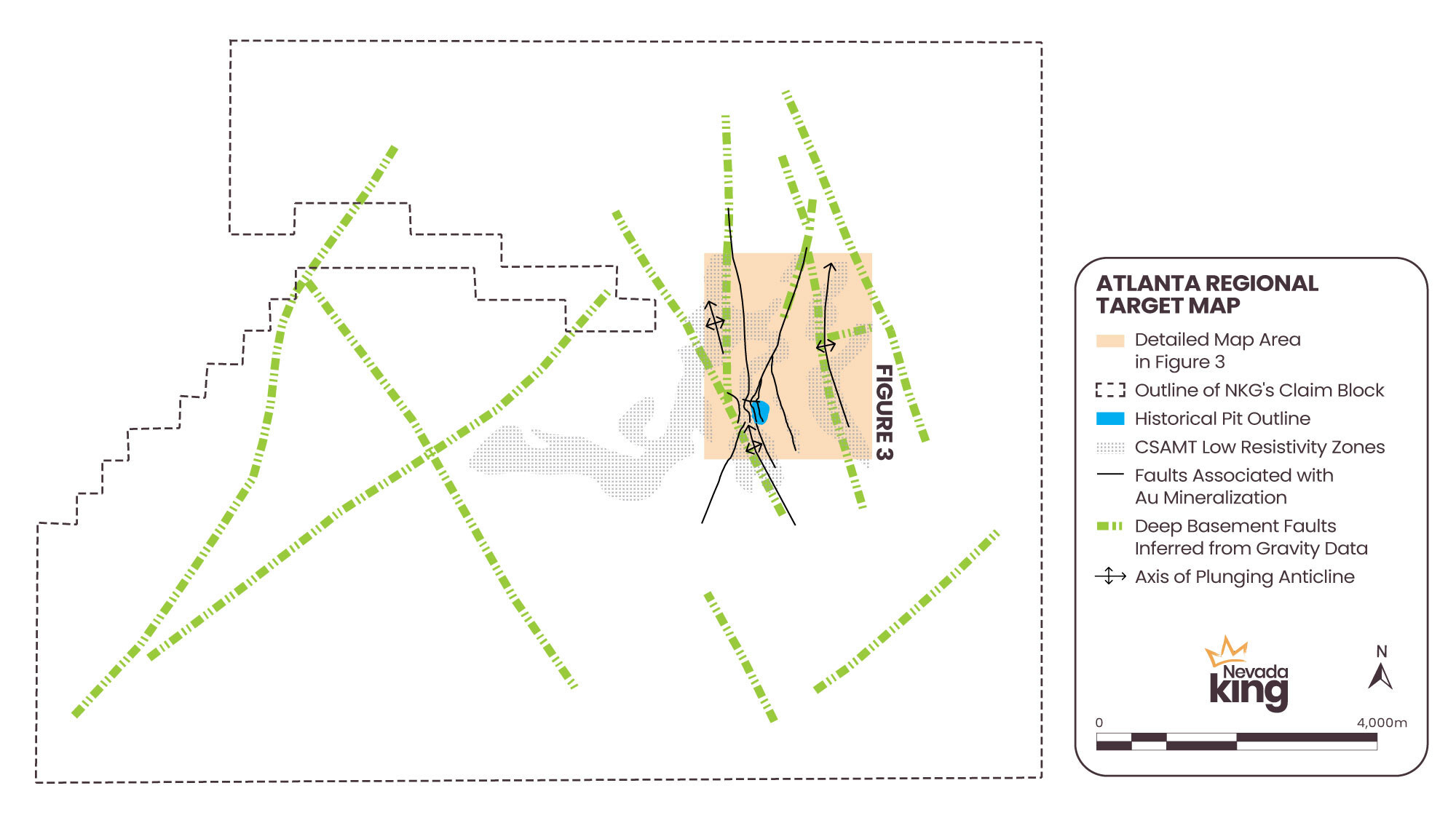 Figure 2. Area of regional targets discussed today in relation to the Atlanta property outline and major basement faults inferred from gravity geophysics. Today’s release only covers the northeastern part of the property, while the CSAMT low resistivity zones occur over a much larger area. Resistivity data for the western half of the property is still being compiled and will be released at a later date. (CNW Group/Nevada King Gold Corp.) Figure 2. Area of regional targets discussed today in relation to the Atlanta property outline and major basement faults inferred from gravity geophysics. Today’s release only covers the northeastern part of the property, while the CSAMT low resistivity zones occur over a much larger area. Resistivity data for the western half of the property is still being compiled and will be released at a later date. (CNW Group/Nevada King Gold Corp.)