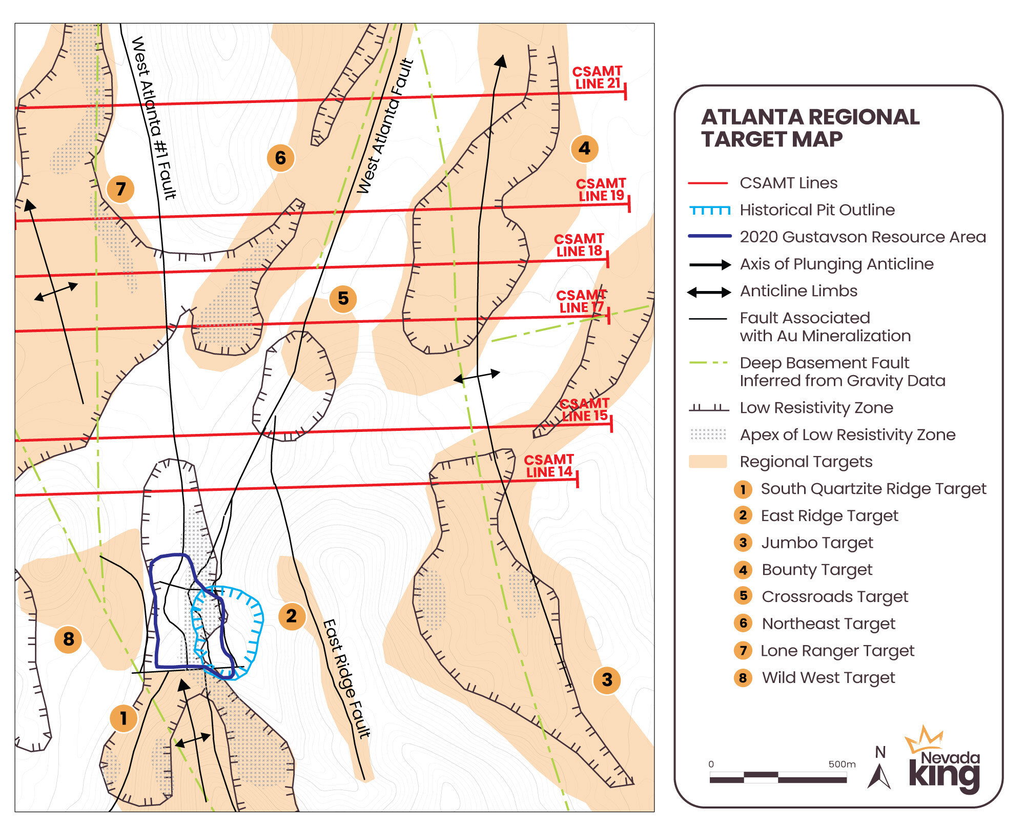 Figure 3. Plan view of the five regional targets in today’s release relative to the historical Atlanta pit, Gustavson 2020 resource zone, and major structural elements. CSAMT lines run east-west across the predominant N-S structural grain. These targets largely coincide with CSAMT low resistivity anomalies related to shallow felsic intrusions at depth, which has already been confirmed by drilling within the current resource zone and along the East Ridge Target. (CNW Group/Nevada King Gold Corp.) Figure 3. Plan view of the five regional targets in today’s release relative to the historical Atlanta pit, Gustavson 2020 resource zone, and major structural elements. CSAMT lines run east-west across the predominant N-S structural grain. These targets largely coincide with CSAMT low resistivity anomalies related to shallow felsic intrusions at depth, which has already been confirmed by drilling within the current resource zone and along the East Ridge Target. (CNW Group/Nevada King Gold Corp.)