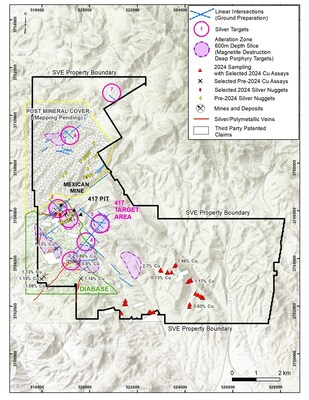 Figure 2 – Map of the Phoenix Silver property, showing main veins and targets. Much of the north half of the property is covered by Tertiary and Quaternary gravel and alluvium and has not been mapped in detail. Target # 1 (or 417 Target Area), encompasses the 417 lb silver fragment, multiple veins (see figure 1) and the permitted area for drilling. Targets south of the 417 area, include polymetallic veins as well as alteration zones potentially associated with porphyry-style mineralization.