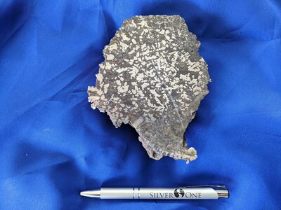 Figure 4 – 459,000 g/t silver (13,385 oz tr/sh tn) vein fragment containing abundant visible native silver. The above photo is of a selected sample that is not necessarily representative of the mineralization hosted on the property.