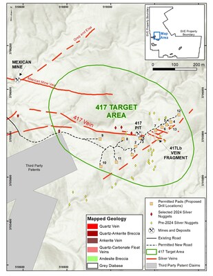 Figure 1 – Map of the 417 Vein Target Area showing outcropping veins and permitted drill pad locations.