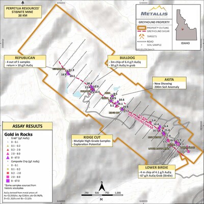 Map 1 - Rock Sampling Across Greyhound Property (CNW Group/Metallis Resources Inc.)