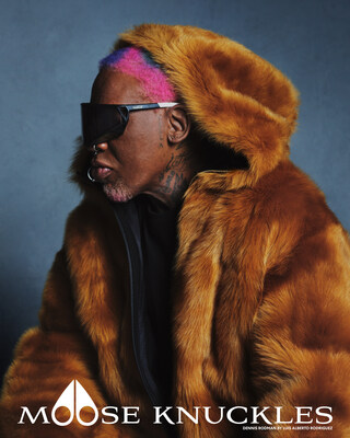 Dennis Rodman showcases Moose Knuckles’ Fall/Winter 2024 outerwear collection shot by Luis Alberto Rodriguez