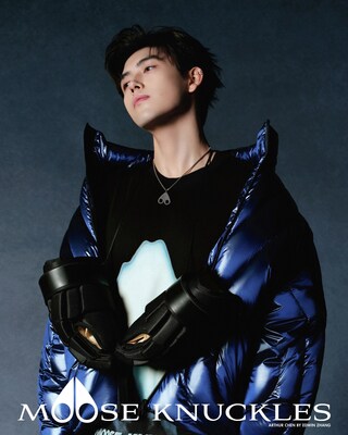 Arthur Chen brings youthful energy to Moose Knuckles’ Fall/Winter 2024 outerwear collection in this striking image by photographer Edwin Zhang