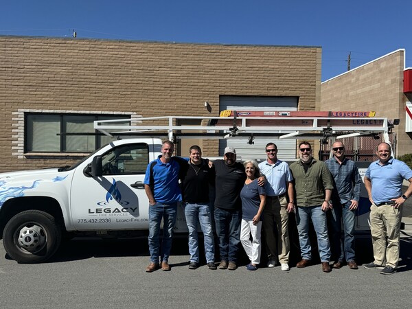 From left to right: Mike Glover, Legacy Fire Services Co-owner; Ray Wright, Pye-Barker; Billy and Debby Walker, Legacy Co-owners; Rod DiBona, Ben Brooks, Kyle Watson, and Justin Merrick, all from Pye-Barker.