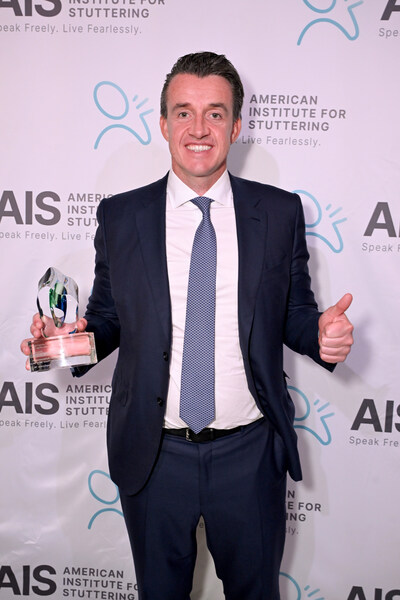 NEW YORK, NEW YORK - SEPTEMBER 16: Will Blodgett poses with an award during the American Institute for Stuttering 18th Annual Gala Hosted by Emily Blunt on September 16, 2024 in New York City.  (Photo by Bryan Bedder/Getty Images for American Institute for Stuttering)