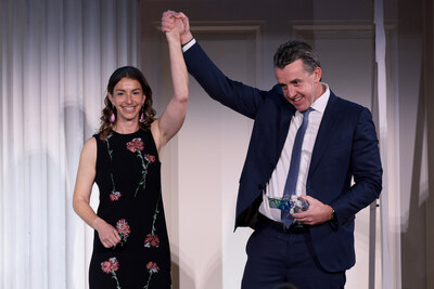 NEW YORK, NEW YORK - SEPTEMBER 16: Carolyn Tisch Blodgett presents an award to Honoree Will Blodgett onstage during the American Institute for Stuttering 18th Annual Gala Hosted by Emily Blunt on September 16, 2024 in New York City.  (Photo by Dimitrios Kambouris/Getty Images for American Institute for Stuttering)