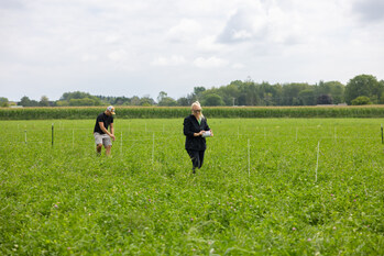 Organic Valley farmers measure out fencing for the Greenest Ad.