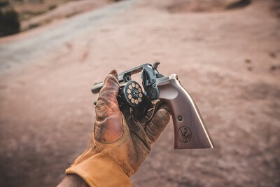 The 10-round cylinder of the Golden Boy Revolver can be quickly released from the frame for cleaning with a button switch inside the trigger guard.