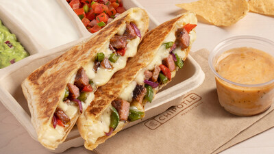 Chipotle's digitally exclusive quesadillas feature melted Monterey jack cheese, a choice of protein, optional fajita veggies, and three sides for dipping. Monterey jack cheese is grated fresh each morning in every Chipotle restaurant to achieve the perfect cheese pull.