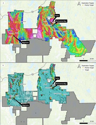 Figure 3 – A) New airborne gravity gradiometry data; and B) New airborne electromagnetic data; both displayed across Foran’s northern claims. (CNW Group/Foran Mining Corporation)