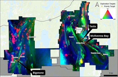 Figure 4 – Example of advanced data processing techniques that combine multiple sources of geophysical data into multivariate targeting spaces: here a ternary image that maps density (gDD), magnetic susceptibility (TMI) and conductivity (Tau) together across Foran’s northern claims. (CNW Group/Foran Mining Corporation)