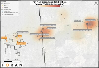 Figure 1 – Clusters of VHMS deposits across the Flin Flon Greenstone belt, showing the comparatively low drilling density of Foran’s under-explored Properties. (CNW Group/Foran Mining Corporation)