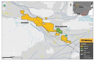 Figure 1 : Le projet Kinebik et la propriété Desjardins (Groupe CNW/O3 Mining Inc.)