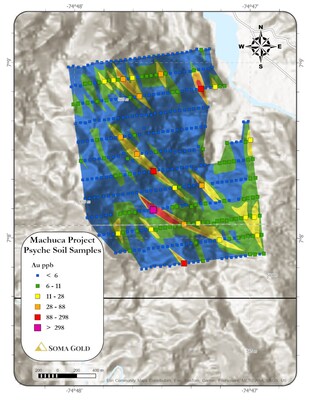 Figure 5: Reconnaissance soil grid on the Pysche 1 Target, Machuca Project (CNW Group/Soma Gold Corp.)