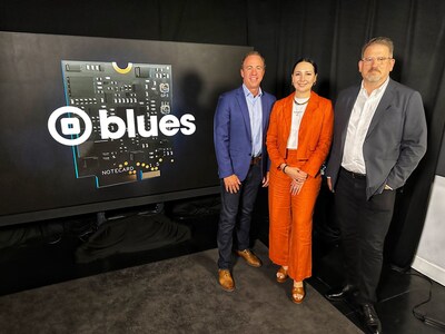 (L-R) Blues President & CRO Jim Hassman, COO & VP of Ecosystem Alistair Fulton, and VP of Marketing Emma Wimberley on set for Viewpoint with Dennis Quaid.