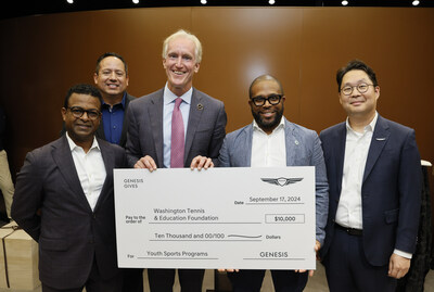 (left to right) Ted Mengiste, vice president, sales operations, Genesis Motor America, Brandon Ramirez, director, corporate social responsibility, Genesis Motor America, Kevin Reilly, owner and president, Genesis of Alexandria, John Borden, president and chief executive officer, Washington Tennis & Education Foundation, Jacob Hong, chief executive coordinator, Genesis Motor America in Alexandria, Va. on September 17, 2024 (Photo/Genesis)