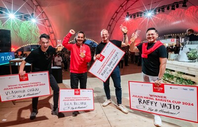 Left to right: Vladimir Chzou – Moldova (Espresso Category Winner), Luca Riccardi – Italy (Cappuccino Category Winner), Mario Benetseder – Austria (Signature Drink Category Winner), Raffy Vajio – UAE (Overall Winner)