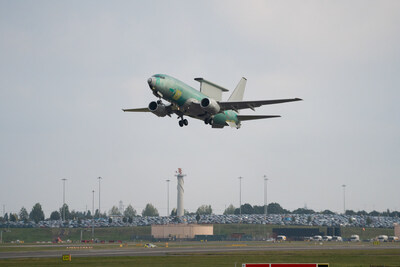 A Boeing flight-test crew conducted functional checks during the aircraft's first flight from Birmingham Airport, marking a significant milestone in the programme's test and evaluation phase. (Boeing image) (PRNewsfoto/Boeing)