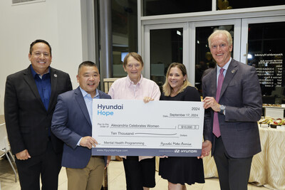 (left to right) Brandon Ramirez, director, corporate social responsibility, Hyundai Motor North America, Bob Kim, vice president, national sales, Hyundai Motor Company, Pat Miller, chair, Alexandria Celebrates Women, Debbie Evans, division chief, sexual assault center & domestic violence program, department of community and human services, City of Alexandria, Kevin Reilly, owner and president, Alexandria Hyundai at Alexandria Hyundai in Alexandria, Va. on September 17, 2024. (Photo/Hyundai)