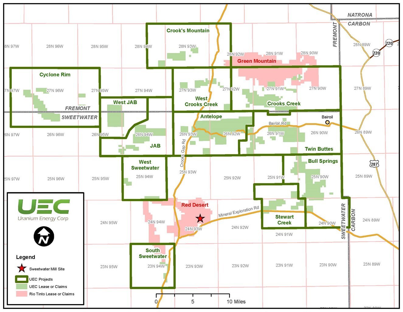 This map illustrates the position of Rio Tinto’s assets relative to the existing UEC portfolio in the Great Divide Basin. (CNW Group/Uranium Energy Corp) This map illustrates the position of Rio Tinto’s assets relative to the existing UEC portfolio in the Great Divide Basin. (CNW Group/Uranium Energy Corp)