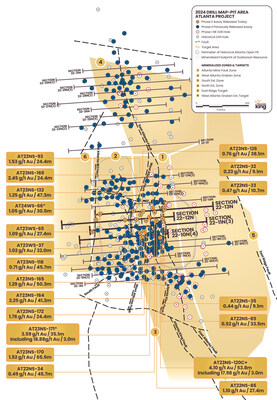 Figure 1. Location map for holes reported in this news release along the four drill sections 22-10N(4, 22-11(3), 22-12N, and 22-13N relative to the perimeter of the historical Atlanta Pit and footprint of the Gustavson 2020 NI-43101 resource. Shallow drillholes on the mine dumps have been removed from the plot for clarity. (CNW Group/Nevada King Gold Corp.)